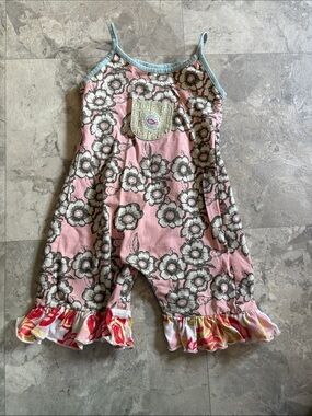 Matilda Jane Pink Floral Ruffle-Strap Pajama Romper with Blue Trim